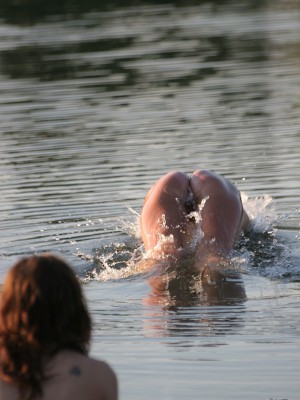 Drunk women swimming when totally nude